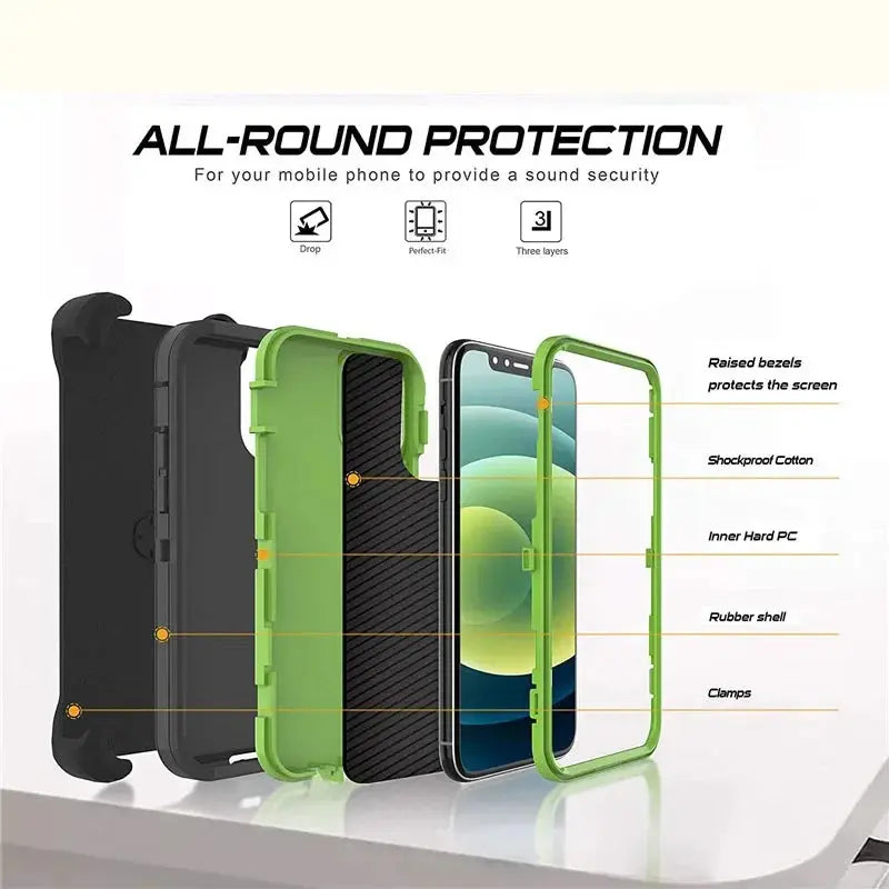 3 in 1 Heavy Duty Defender Armor Case for iPhone 16 15 14 13 12 11 Pro Max XR XS Max Shockproof Rugged Case with Back Belt Clip Pinnacle Luxuries